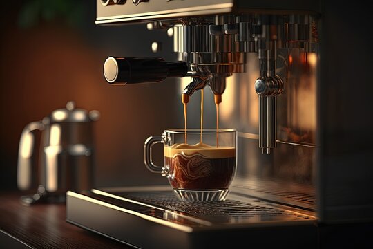 Close-up of espresso pouring from coffee machine. Professional coffee brewing illustration generative ai