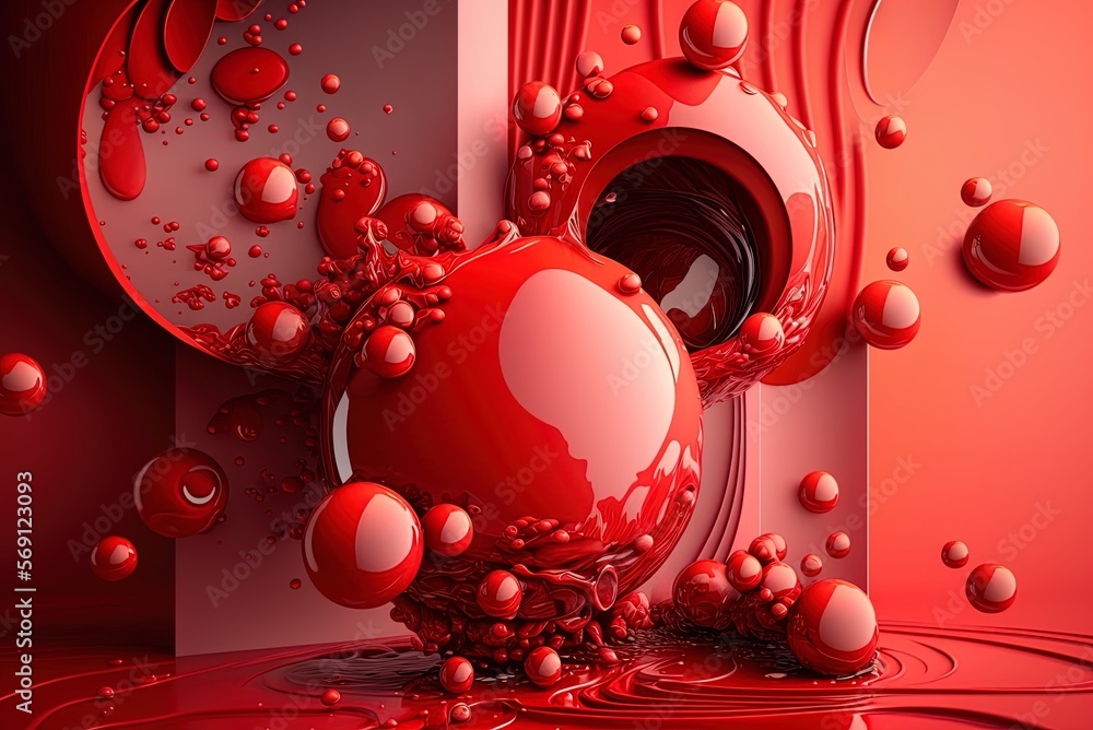 Poster liquid forms, spheres, and other abstract red objects populate the backdrop. generative ai