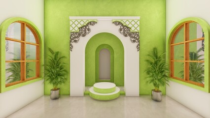 White green Round Podium and 0rnament background for product presentation. 3D renders