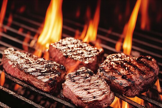beef steaks on a grill with fire around it, barbecue party concept with delicious red meat, generative ai