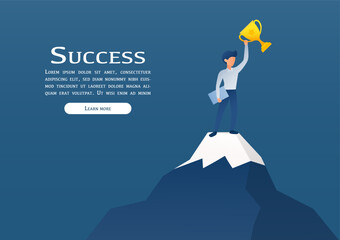 Successful concept. A businessman stands on the peak of a mountain holding a trophy, symbolizing success and achievement of business goals. Vector illustration eps10.