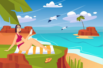 Obraz na płótnie Canvas Beach concept with people scene in the background cartoon style. Girl rests on the beach and watches seagulls near the sea.