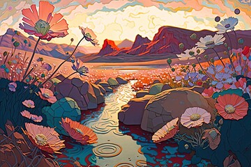  a painting of a river running through a field with mountains in the background and flowers in the foreground, and a sunset in the background.  generative ai