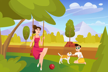 Fototapeta premium Park concept with people scene the background cartoon style. Mother swings on the swing while her son plays with the dog.