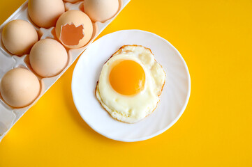 Fried egg on a white plate. Eggs on a yellow background. Raw and cooked egg