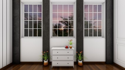 white sideboard and windows background . 3D renders