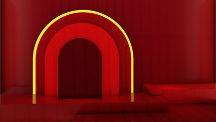 D podium, view, background. red, gold base, round rim. presentation of cosmetic products. 3d renderings