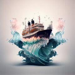 3d render double exposure effect of massive cruise ship on huge waves, ai generated - obrazy, fototapety, plakaty