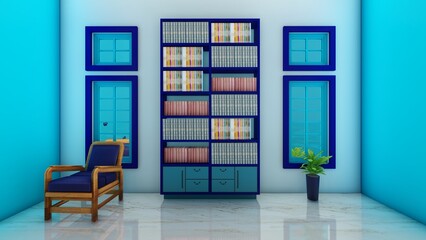Arranged Bookcases and blue walls. 3d renderings