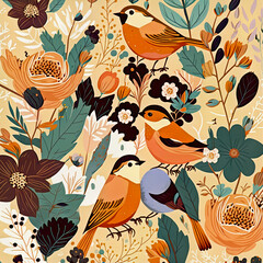 vector seamless pattern background with birds and flowers