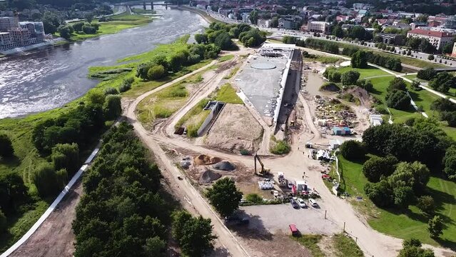 Landmark building in Nemunas island, Kaunas city, construction process, aerial view