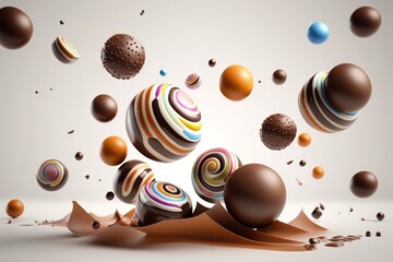  a group of chocolate balls floating in the air with a lot of other chocolate balls in the air behind them and a splash of chocolate on the ground.  generative ai