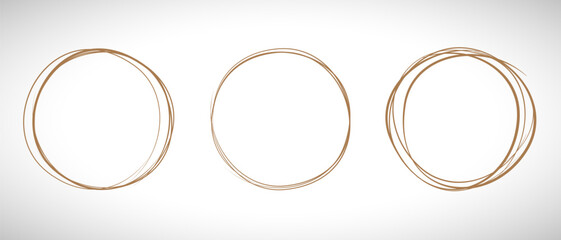 Brown circle line hand drawn set. Highlight hand drawing circle isolated on background. Round handwritten circle. For marking text, note, mark icon, number, marker pen, pencil and text check, vector