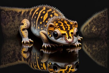 Black backdrop and close-up of a newborn leopard gecko's reflection. Baby gecko up up and personal on a dark backdrop. Generative AI