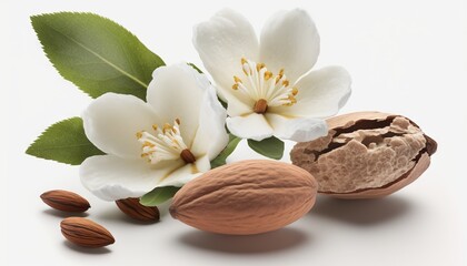 Obraz na płótnie Canvas almonds and flowers with leaves on a white background with a white background and a white background with a white background and a white background with a white background with a. generative ai