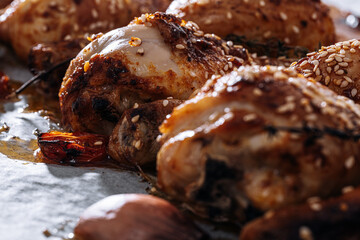 baked chicken drumsticks with sesame, honey and soy sauce, onion and spices