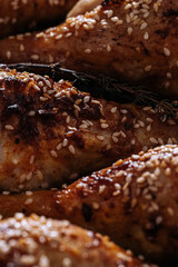 baked chicken drumsticks with sesame, honey and soy sauce, onion and spices