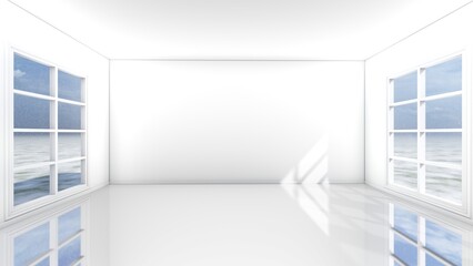 White empty room with windows and plants. 3d renders