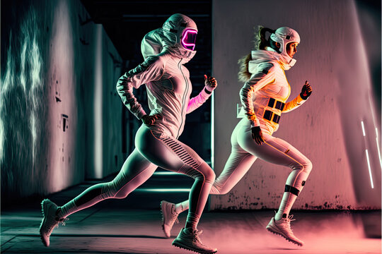 Two women in futuristic outfits running at night. Generative AI