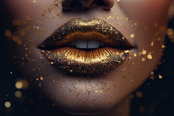 Close up of metallic gold lips on female model with gold glitter and bokeh. Generative AI. - obrazy, fototapety, plakaty