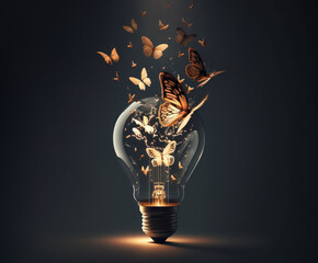 Creative idea , with butterflies emerging from light bulb. Generative AI illustration