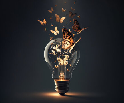 Creative idea , with butterflies emerging from light bulb. Generative AI illustration