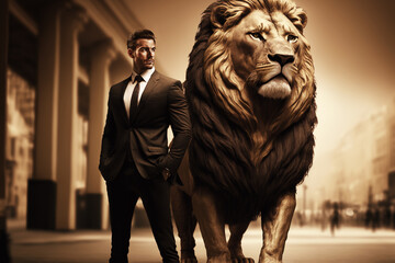 Fearless business leader standing by a large lion. Generative AI illustration