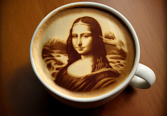 Mona Lisa latte art in coffee cup. Generative AI illustration