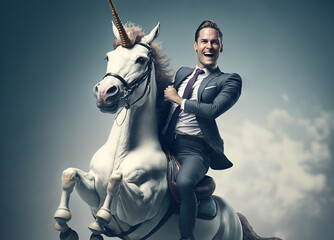 Business unicorn concept, with businessman riding an unicorn, Generative AI illustration - obrazy, fototapety, plakaty