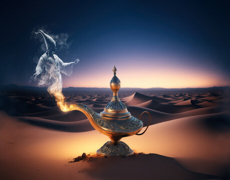 Magic genie getting out from the lamp. Generative AI illustration