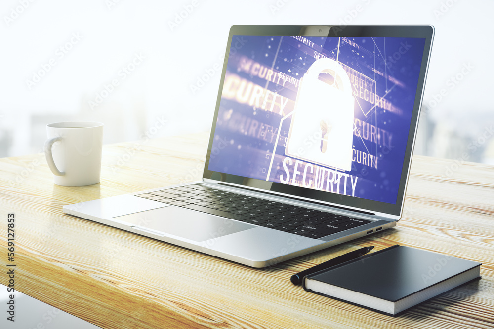 Poster Computer monitor with creative light lock illustration and microcircuit, cyber security concept. 3D Rendering