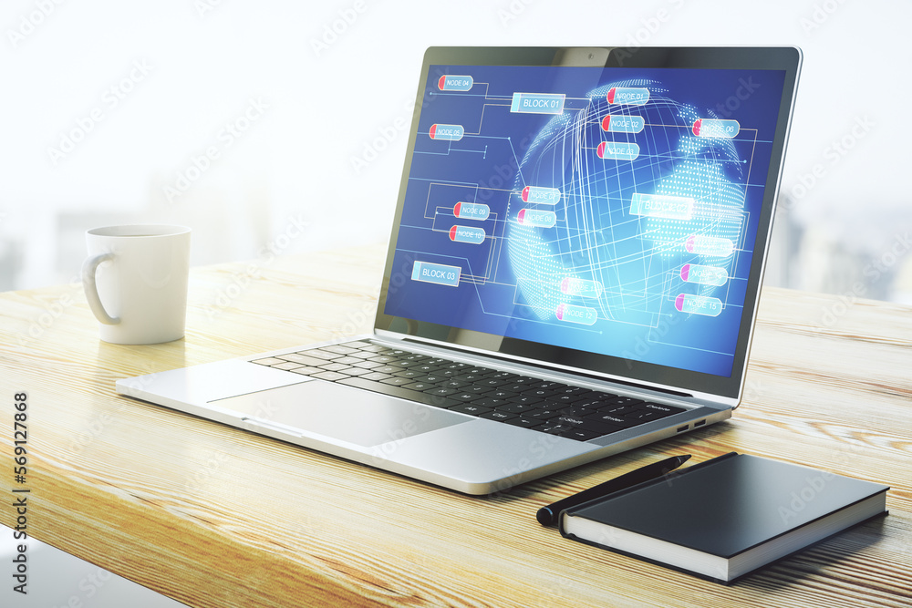 Leinwandbilder modern computer screen with abstract creative coding sketch and world map, artificial intelligence a