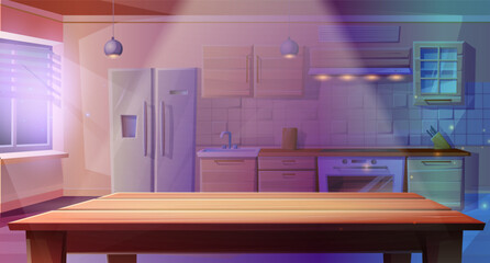 Modern vector cartoon style illustration of night kitchen room in the dark with light oven dining table, with fridge, oven with a stove and hob, sink. © Real Vector