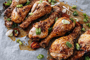 baked chicken drumsticks with sesame, honey and soy sauce, onion and spices