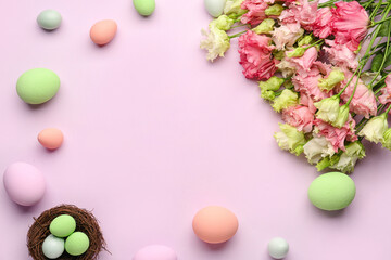 Naklejka na ściany i meble Frame made of beautiful eustoma flowers and Easter eggs on color background