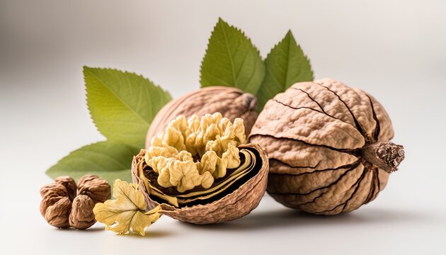  walnuts and leaves on a white background with a light background and a white background with a light background and a walnut nut with green leaves on the top.  generative ai