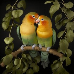 A pair of lovebirds perched on the branches of a tree, illustration