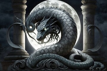 A giant serpent with scales that shimmer in the moonlight and venom that can bring a grown man to his knees. Digital art painting, Fantasy art, Wallpaper. Digital art painting, Fantasy art, Wallpaper.