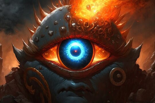 A cyclop with a single, blazing eye, who crafts powerful weapons for the gods. Digital art painting, Fantasy art, Wallpaper.