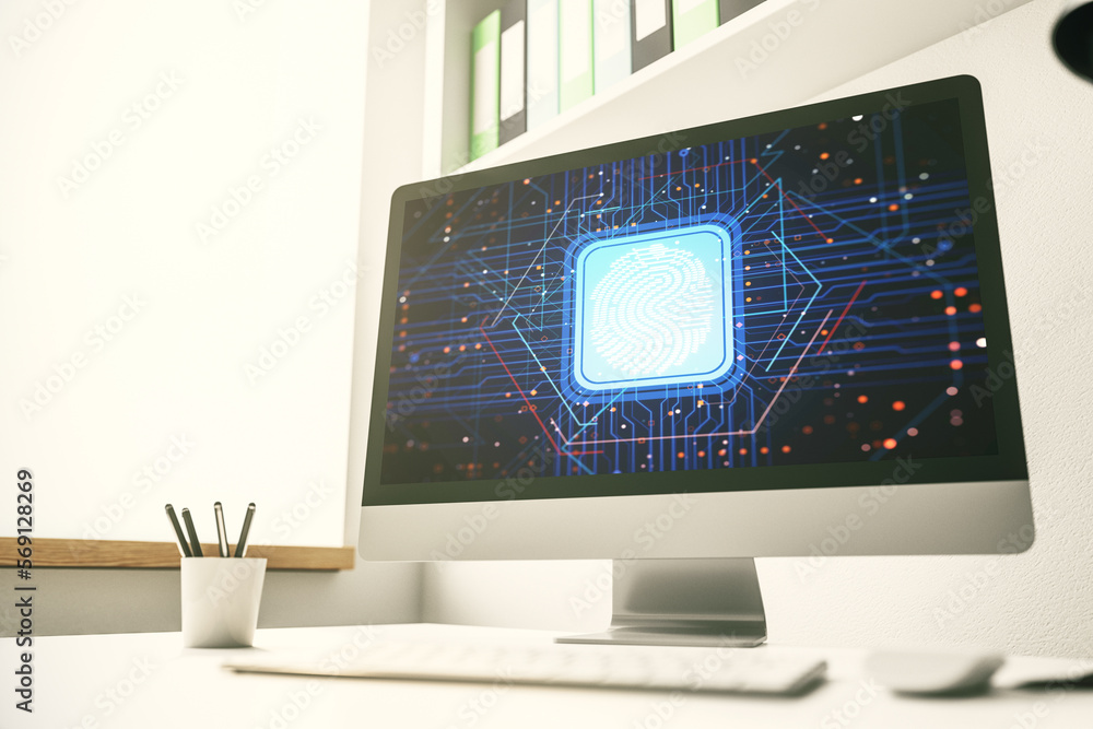 Poster abstract creative fingerprint illustration on modern laptop monitor, digital access concept. 3d rend