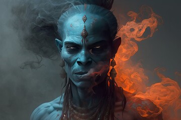 A jinn with smoke for a body and eyes that glow like coals, who can grant wishes but often twists them to its own advantage. Digital art painting, Fantasy art, Wallpaper. Generative ai.