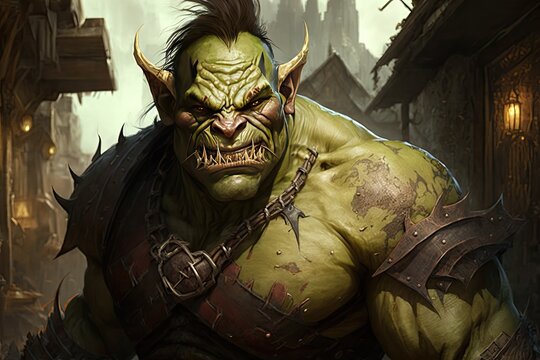 A hulking ogre with rough, mottled skin and razor-sharp teeth that terrorize nearby villages. Digital art painting, Fantasy art, Wallpaper