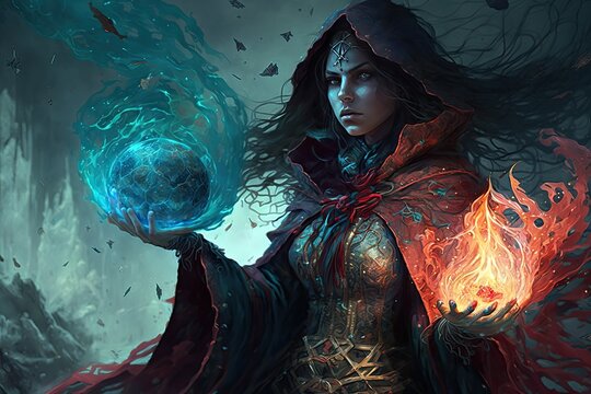 A mysterious and powerful sorceress, with the ability to control the elements and bend reality to her will. Digital art painting, Fantasy art, Wallpaper