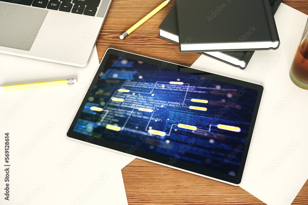 Fototapete modern digital tablet screen with abstract graphic coding sketch, big data and networking concept. t