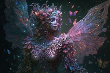 Fototapeta na wymiar A nymph with wings of iridescent butterflies and a body made of flowers, who dances through the gardens spreading joy and life. Digital art painting, Fantasy art, Wallpaper