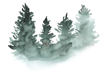 Watercolor abstract woodland, fir trees silhouette with ashes and splashes, winter background hand drawn illustration