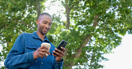 Fototapeta premium Phone, outdoor and black man with job opportunity, career news and online networking ideas, vision and goals. Happy business person, coffee break and smartphone for news, feedback or mobile chat app
