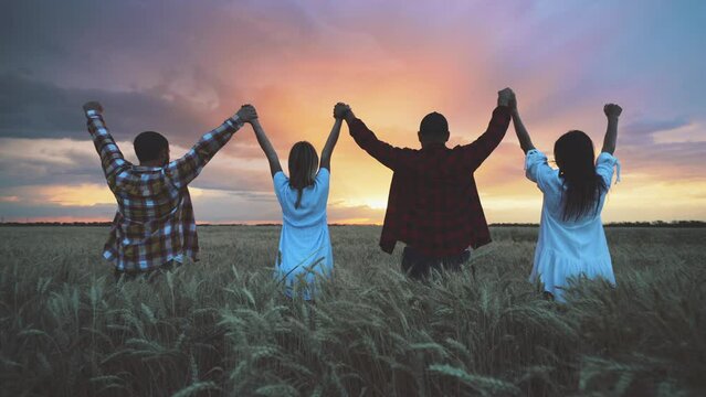 four people are holding and raising hands up standing in golden field in sunset or sunrise time, rear view, teamwork in business, two men and two women business partners, togetherness and supporting