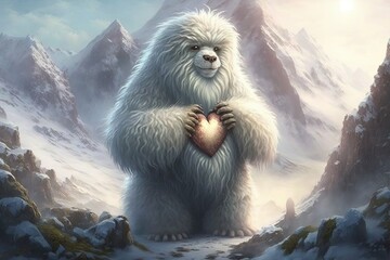 A yeti with a shaggy coat of snow-white fur and a heart as warm as summer, who protects the mountain passes from danger. Digital art painting, Fantasy art, Wallpaper - obrazy, fototapety, plakaty