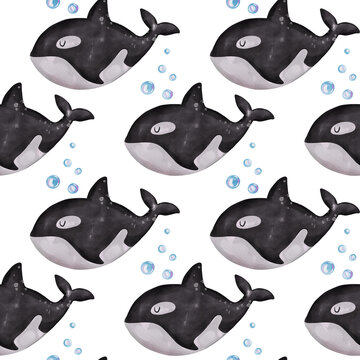 Beautiful killer whale seamless pattern. Watercolor textile animals seamless pattern collection